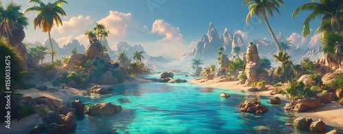 Lush Tropical Landscape with Towering Mountains Flowing Waterfalls and Crystalline Lagoon in Enchanting Fantasy Realm