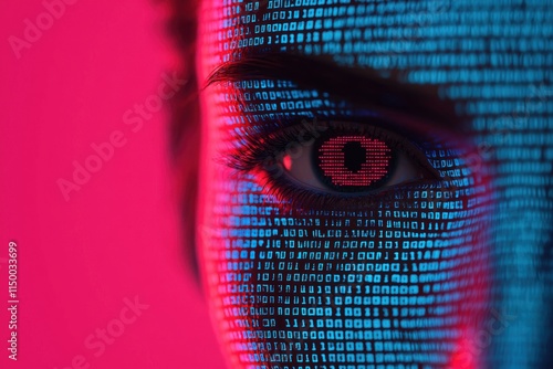 Close-up of a woman's eye with digital binary code overlay in vibrant colors.