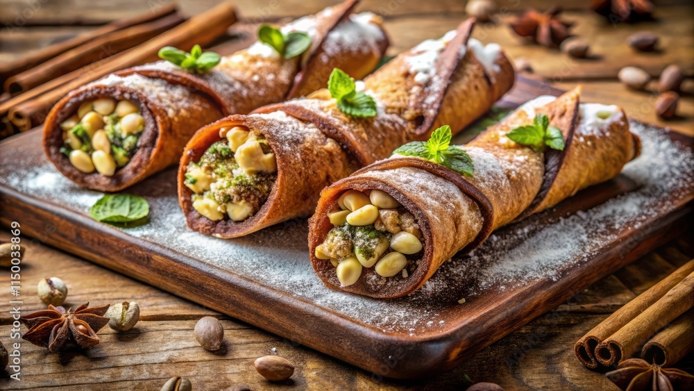 Tasty Cannoli with Pistachios, Chocolate Drizzle, Powdered Sugar, and Crushed Nuts on Wooden Board Tasty Cannoli with Pistachios, Chocolate Drizzle, Powdered Sugar, and Crushed Nuts on Wooden Board