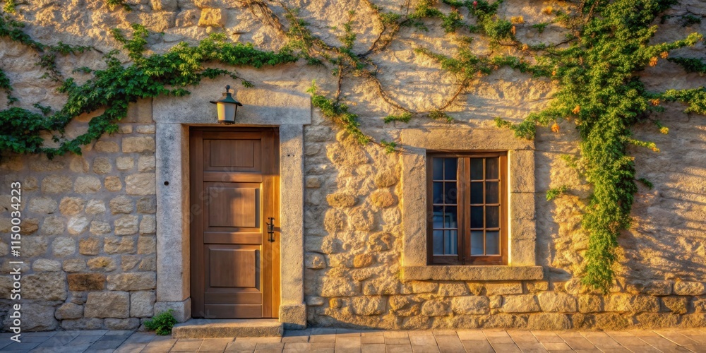 A rustic stone wall, adorned with vibrant green ivy, features a weathered wooden door and a window, capturing the warmth of the setting sun. A rustic stone wall, adorned with vibrant green ivy, features a weathered wooden door and a window, capturing the warmth of the setting sun.