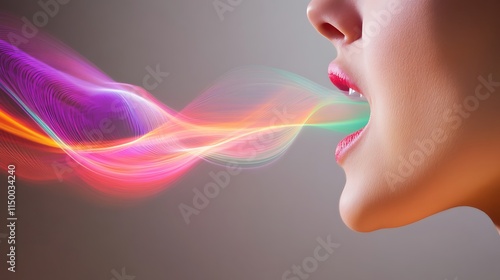 Creative Representation of Sound Waves Emitting from a Woman's Mouth with Colorful Light Trails Illustrating Speech and Communication Concepts