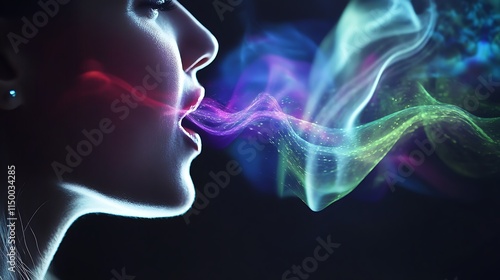 Ethereal Smoke Flowing from Woman's Mouth Captured in Artistic Portrait, Representing Creativity, Expression, and Mystical Energy in Dark Background
