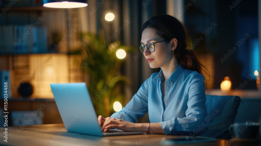 A focused woman works on her laptop at night, surrounded by warm ambient lighting and a cozy atmosphere. A focused woman works on her laptop at night, surrounded by warm ambient lighting and a cozy atmosphere.
