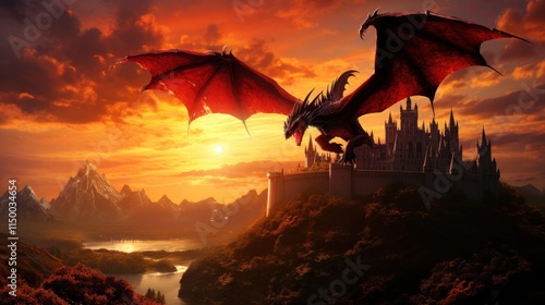 The silhouette of a massive red dragon against a blazing sunset, diving towards an ancient castle, its wings spread wide and a trail of fire in its wake.