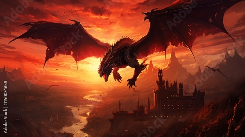 The silhouette of a massive red dragon against a blazing sunset, diving towards an ancient castle, its wings spread wide and a trail of fire in its wake.