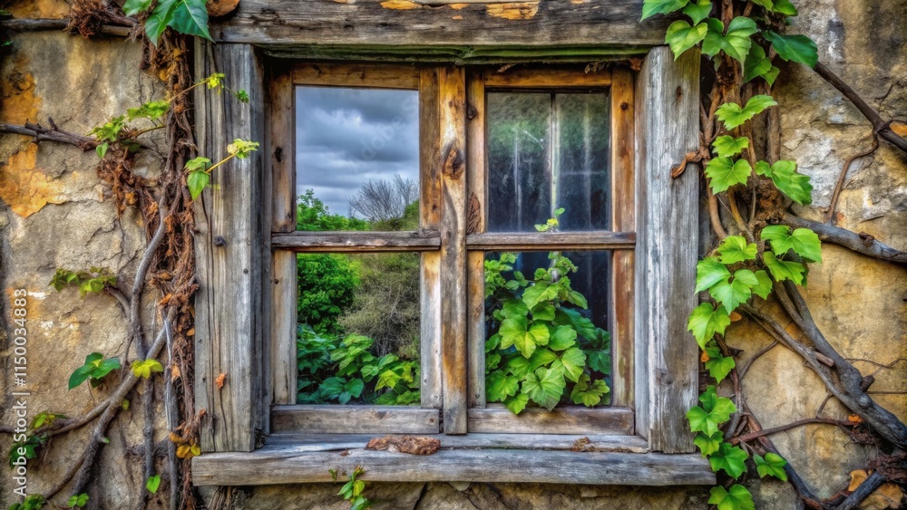 A weathered window frame adorned with climbing vines, revealing a glimpse of a verdant landscape through cracked panes. A weathered window frame adorned with climbing vines, revealing a glimpse of a verdant landscape through cracked panes.