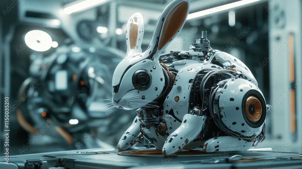 Fototapeta premium A dynamic shot of a rabbit-shaped nano robot, emphasizing its detailed structure and technological prowess, set against a high-tech backdrop.