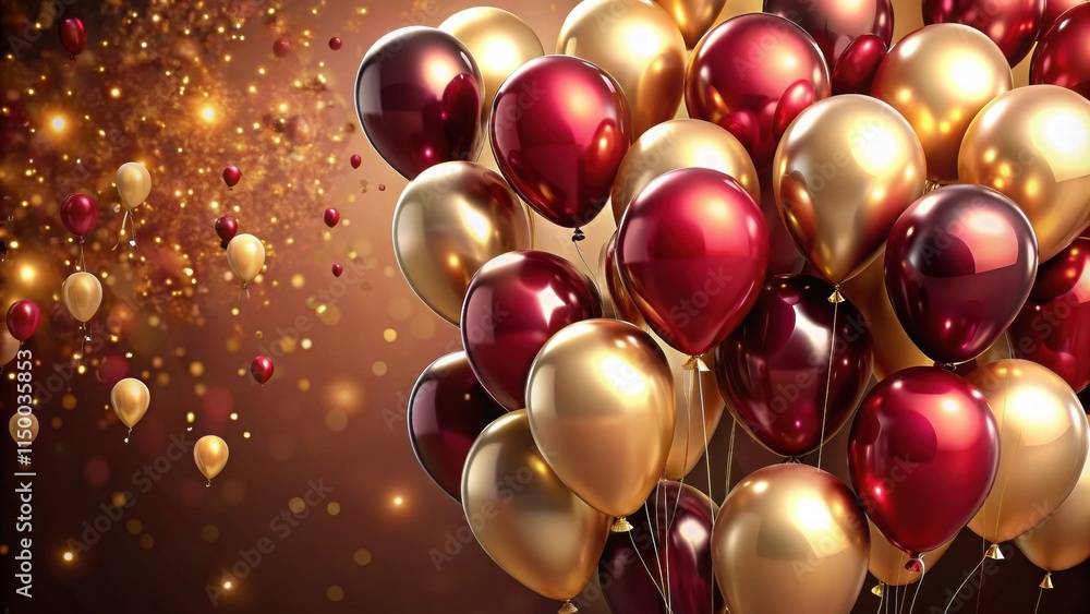 A cluster of gleaming red and gold balloons against a backdrop of shimmering lights, celebrating a joyous occasion. A cluster of gleaming red and gold balloons against a backdrop of shimmering lights, celebrating a joyous occasion.