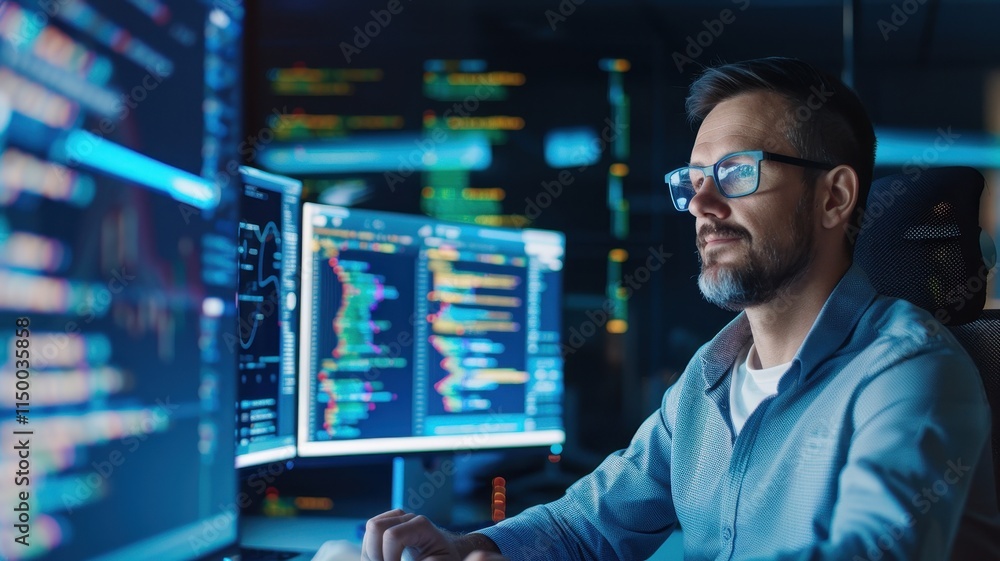 A focused programmer analyzes code on multiple screens in a dimly lit environment, showcasing a high-tech workspace. A focused programmer analyzes code on multiple screens in a dimly lit environment, showcasing a high-tech workspace.