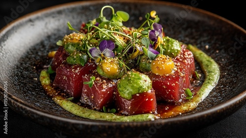 Exquisite tuna sashimi dish with vibrant garnish and creamy sauce. photo