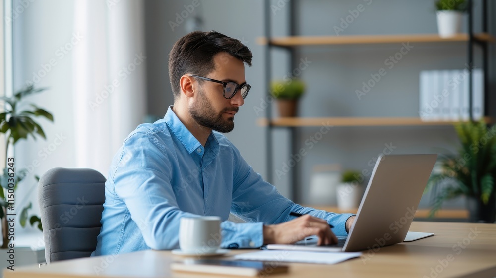 A focused man works on a laptop at a modern desk, surrounded by plants and shelves, embodying a productive home office environment. A focused man works on a laptop at a modern desk, surrounded by plants and shelves, embodying a productive home office environment.