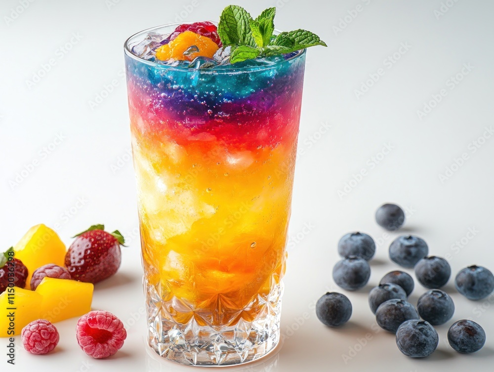 A vibrant layered drink with fruits, showcasing colorful gradients and refreshing mint. A vibrant layered drink with fruits, showcasing colorful gradients and refreshing mint.