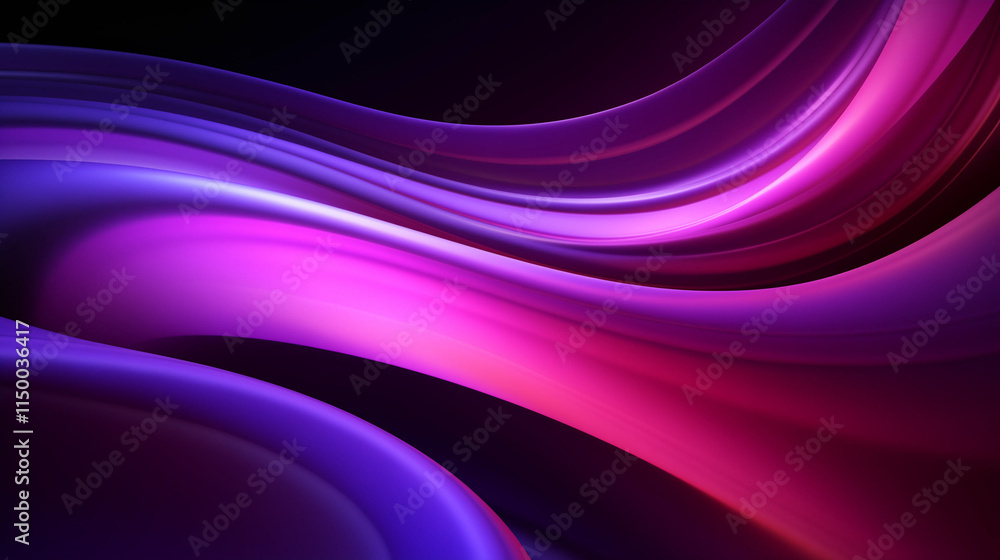 Fototapeta premium Here is a 100-word description of the image in English:A captivating abstract artwork features flowing waves of vibrant purple and blue hues. The colors blend seamlessly, creating a dynamic and ethe