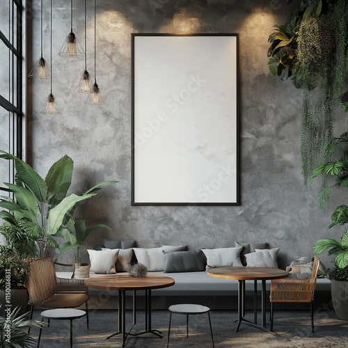 Mock-Up Poster Frame in Modern Cafe Interior - 3D Render