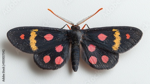 small cinquefoil burnet moth displays its vibrant red spots and contrasting black wings on white background. striking pose highlights intricate details of its features. photo