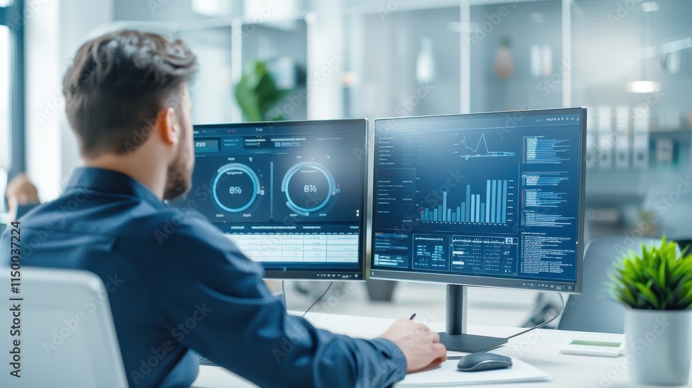© Vilaysack - A focused professional analyzes data on dual monitors in a modern office, surrounded by greenery, showcasing a tech-driven work environment.