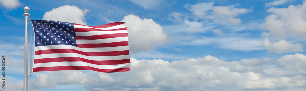 Fototapeta premium Wawing US flag on blue sky background. Copy space for text. For Memorial Day, 4th of July, Labour Day, Independence Day. Happy Veterans Day. Remember and Honor concept, presidential Inauguration day