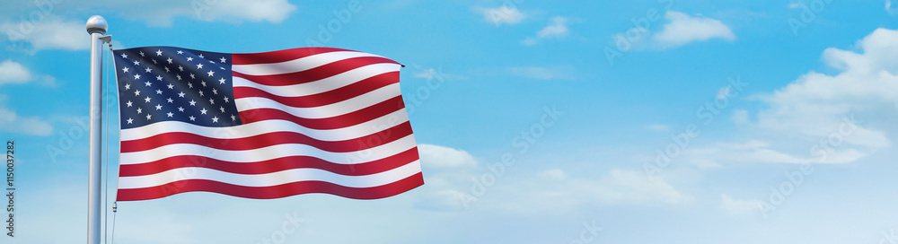 Wawing US flag on blue sky background. Copy space for text. For Memorial Day, 4th of July, Labour Day, Independence Day. Happy Veterans Day. Remember and Honor concept, presidential Inauguration day Wawing US flag on blue sky background. Copy space for text. For Memorial Day, 4th of July, Labour Day, Independence Day. Happy Veterans Day. Remember and Honor concept, presidential Inauguration day