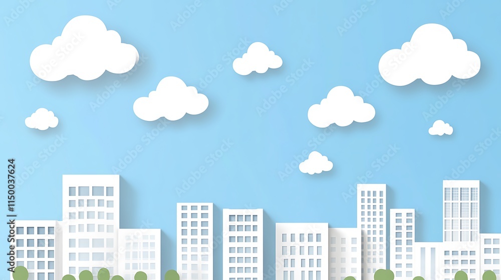 Modern Cityscape Illustration with White Buildings and Fluffy Clouds Against a Blue Sky Modern Cityscape Illustration with White Buildings and Fluffy Clouds Against a Blue Sky