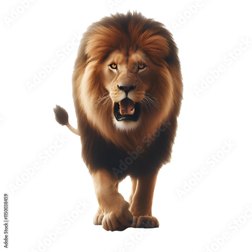 A lion roar roaring towards the camera lurking isolated on a white background