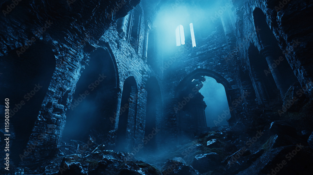 Fototapeta premium Low-angle shot of crumbling, shadowy ruins, covered in dark lichen, the mist curling through cracks in the rock as a soft blue light hints at hidden details.