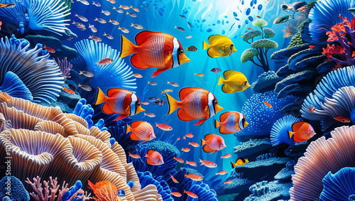 A colorful fish swimming in a coral reef aquarium with tropical fish and vibrant marine life photo