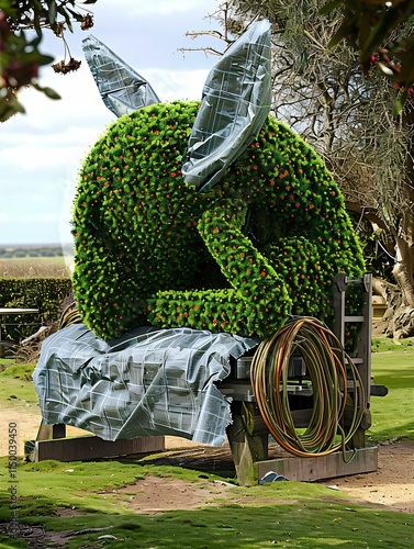 Whimsical topiary rabbit sculpture crafted various materials rests gray tarpaulin bed amidst serene garden surrounded gardening tools lush greenery photo