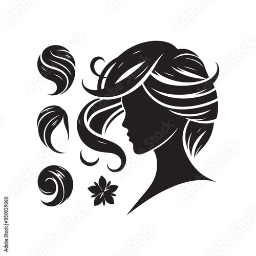 Black Color Woman Hairstyle silhouette design Vector Illustration, Solid White Background 36.eps