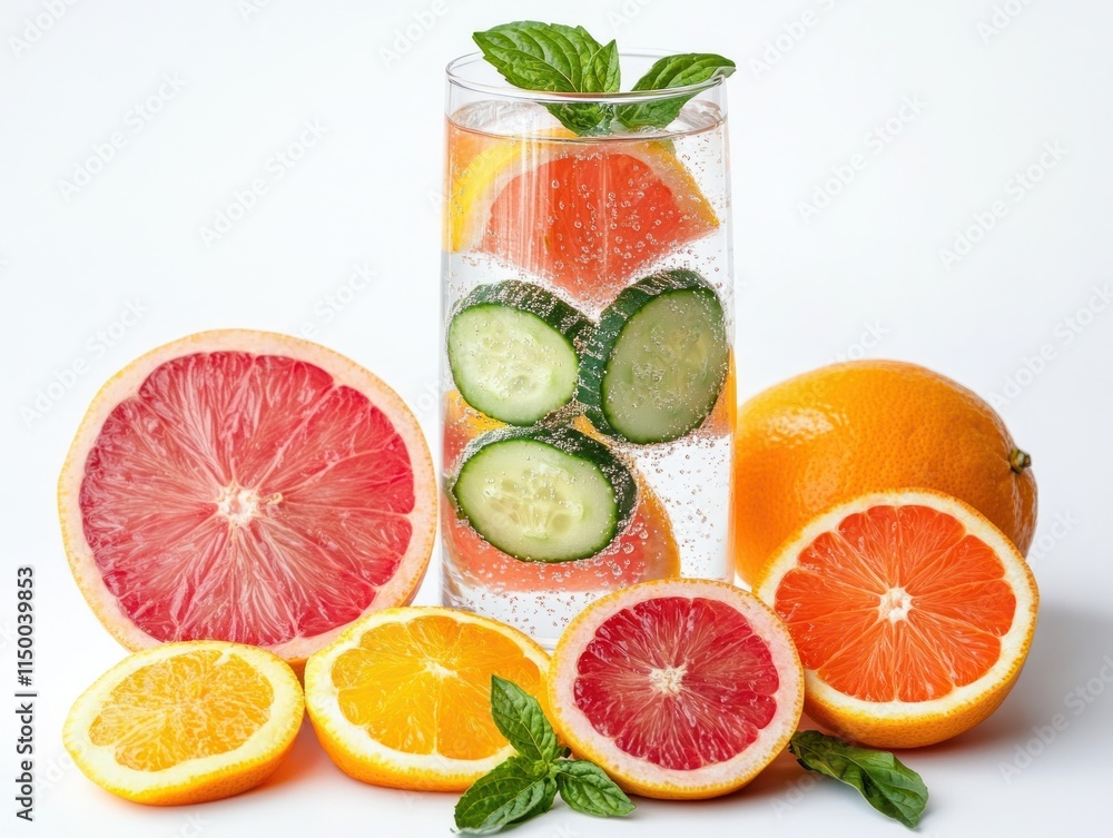 A refreshing drink with citrus fruits and cucumber, garnished with mint leaves. A refreshing drink with citrus fruits and cucumber, garnished with mint leaves.