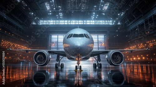 Airplane in Hangar  Night Scene  Aircraft Maintenance