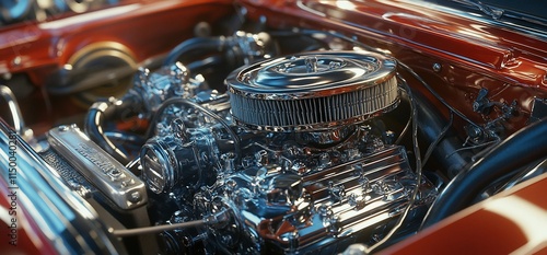 Gleaming classic car engine close-up. photo