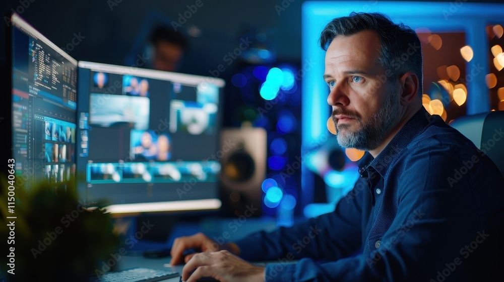 A focused individual edits video content in a dimly lit room, surrounded by screens displaying various footage and effects. A focused individual edits video content in a dimly lit room, surrounded by screens displaying various footage and effects.