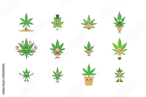 Playful Marijuana Leaf Cartoon Style Vector Clip art and Illustrations