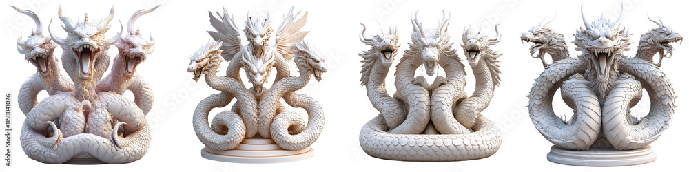 Fototapeta premium Four white statues of dragons with three heads