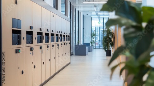A modern office with a smart locker system, allowing employees to securely store personal items and retrieve them with a mobile app