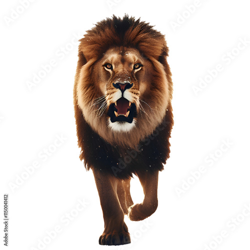 A lion roar roaring towards the camera lurking isolated on a white background