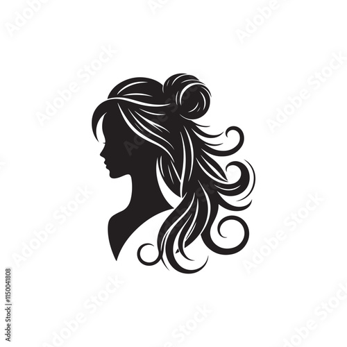 Black Color Woman Hairstyle silhouette design Vector Illustration, Solid White Background 50.eps