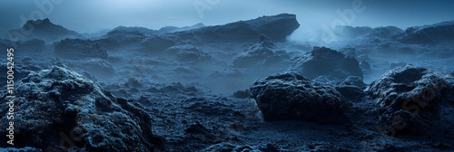 Nightfall in a black rock desert, with sparse patches of lichen glowing under cold blue light, and dense mist softening the sharp edges of the jagged stones.  