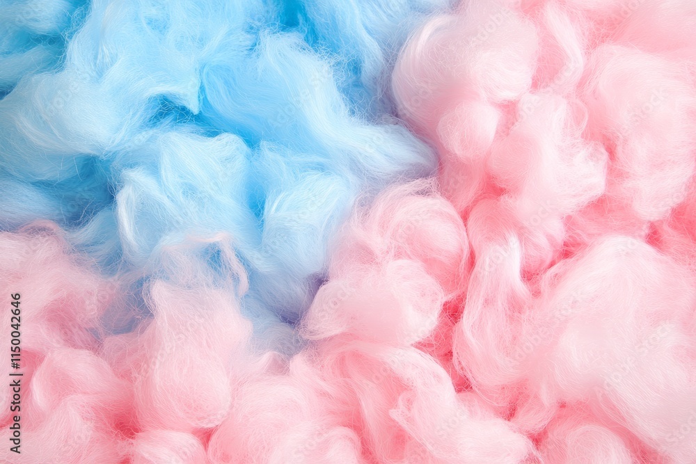 Fototapeta premium Soft clouds create a dreamy cotton candy texture in pink and blue hues resembling a whimsical dessert experience
