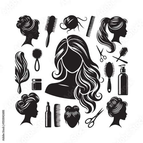 Black Color Woman Hairstyle silhouette design Vector Illustration, Solid White Background 55.eps
