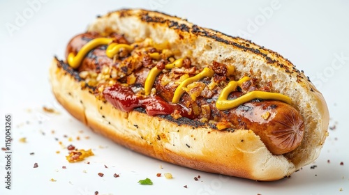 Classic Grilled Hot Dog with Toppings on White Background