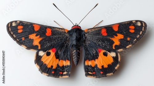 transalpine burnet moth stunning black wings featuring vibrant red spots is rest against clean white backdrop showcasing its unique colors and patterns in detail.