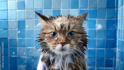 Generated image Funny grumpy wet cat after shower. Cute adorable kitten is mad angry to take a bat