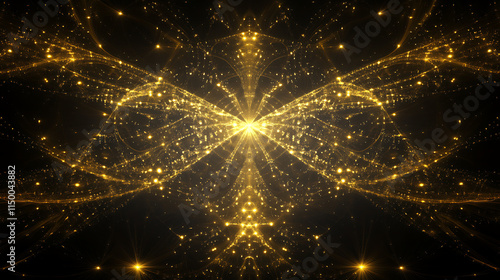 Golden Radiance: Abstract fractal art, glittering with golden particles, evokes a sense of luxury, magic, and cosmic wonder. The symmetrical design creates a captivating visual experience.  photo