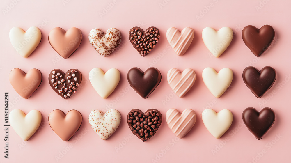 Fototapeta premium A row of chocolate hearts with pink and white frosting