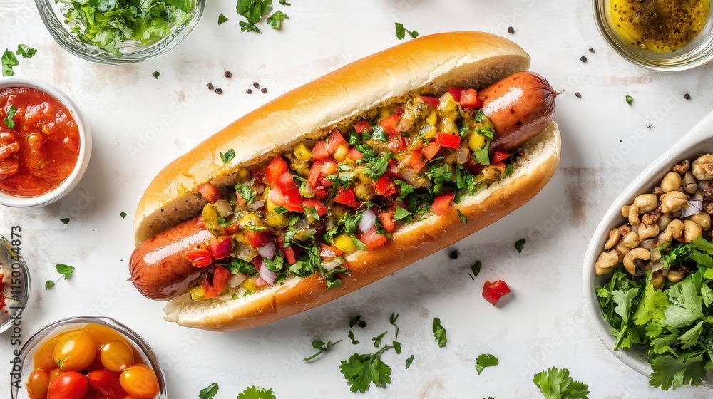 Vibrant Hot Dog with Fresh Toppings and Herbs Vibrant Hot Dog with Fresh Toppings and Herbs
