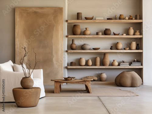 Neutral japandi and wabi sabi style living room with grey stucco walls rustic distressed wood table, rustic reclaimed wood shelving and pottery decor