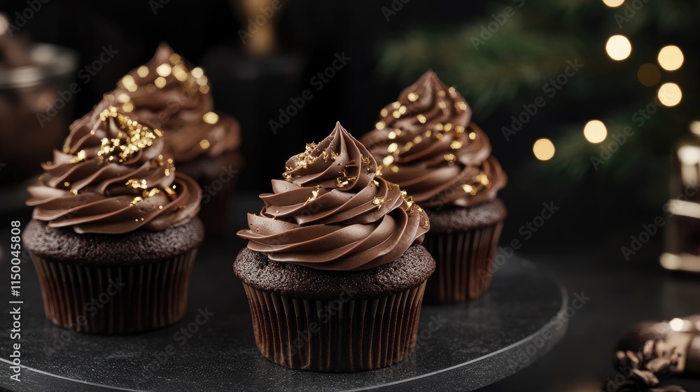 Delicious Chocolate Cupcakes with Gold Sprinkles and Dark Background Delicious Chocolate Cupcakes with Gold Sprinkles and Dark Background