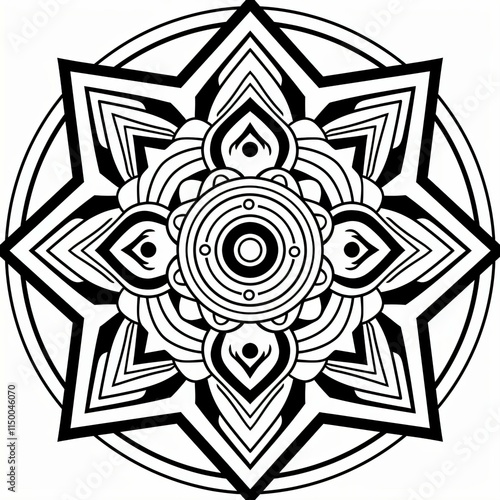 Striking black white line art design featuring intricate symmetrical patterns geometric shapes including stars triangles within central circle photo