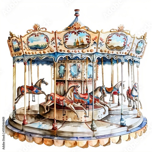 Charming watercolor painting carousel featuring four horses ready carry passengers merrygoround ride intricate details vibrant colors
